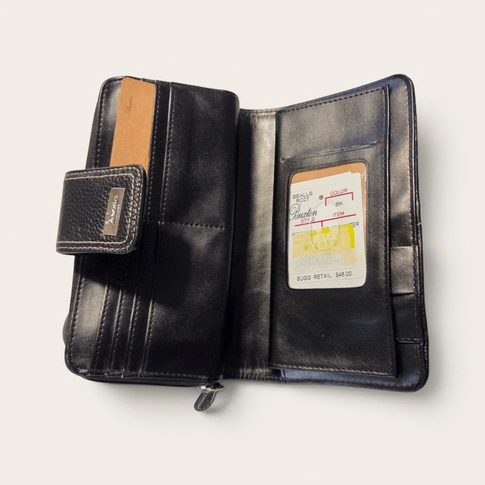 Buxton Black Leather Zip Around Checkbook Wallet Organizer Contrast Stitch